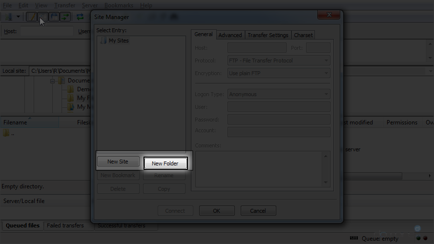 Configure a Site in FileZilla - New Folder
