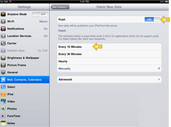 Configure iPad Email Settings - Fetch New Data Option