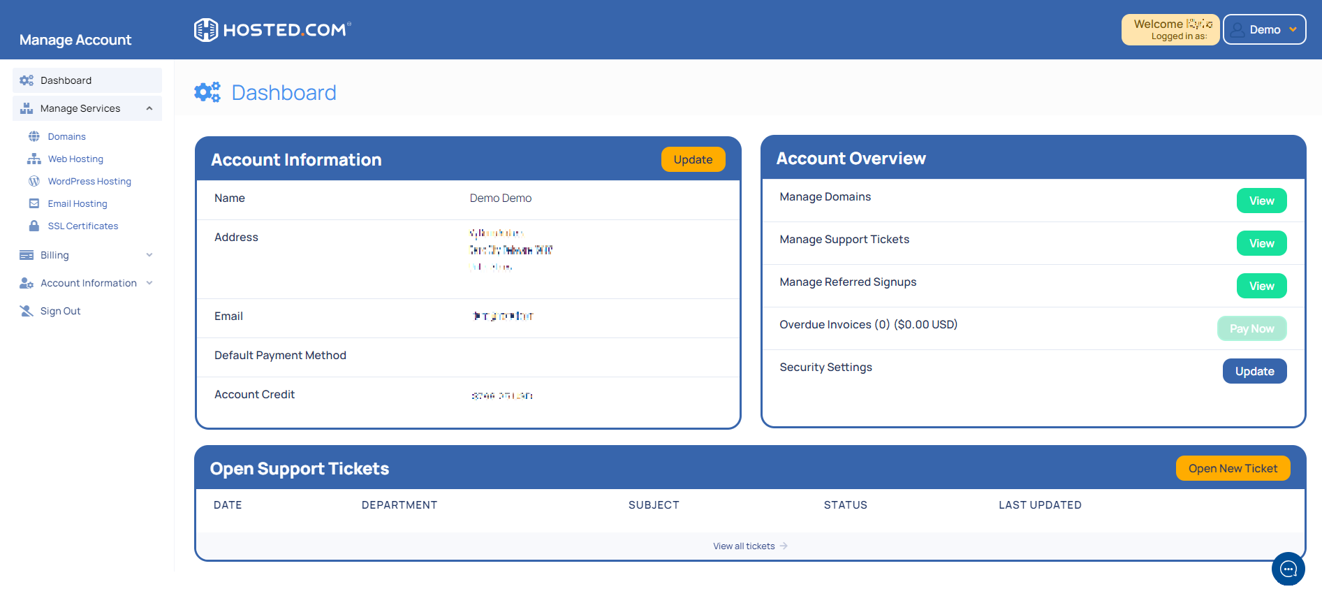 Hosted.com® Client Portal - Dashboard