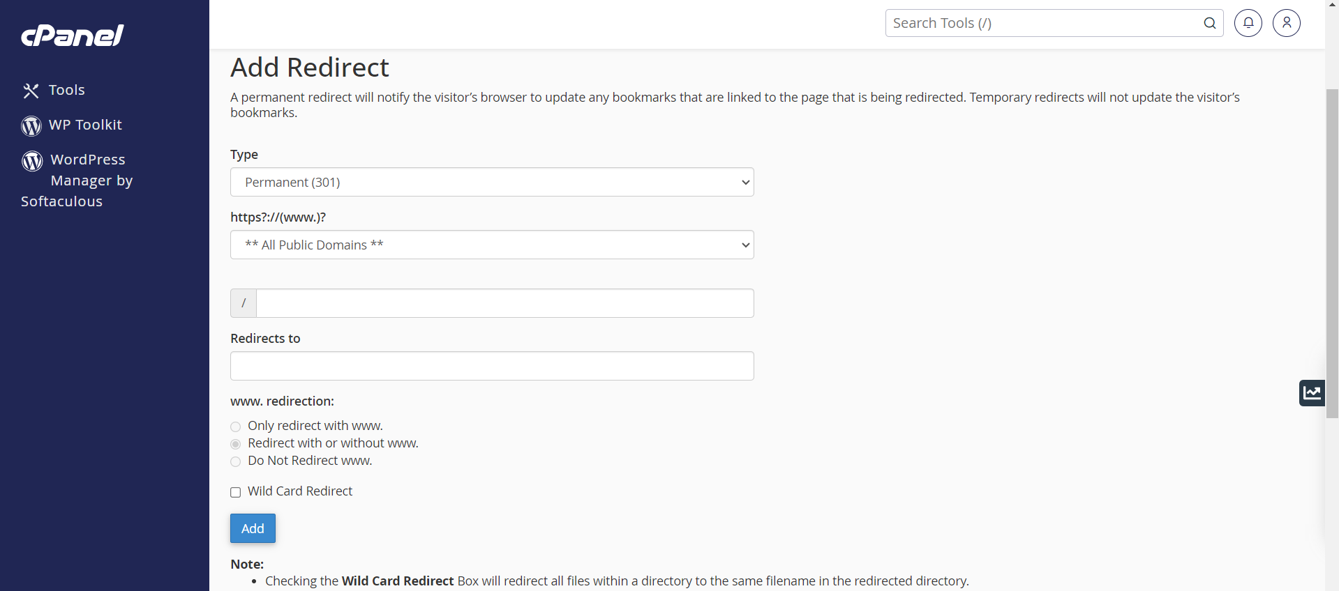 Setup Domain Redirects In cPanel - Add Redirect Details