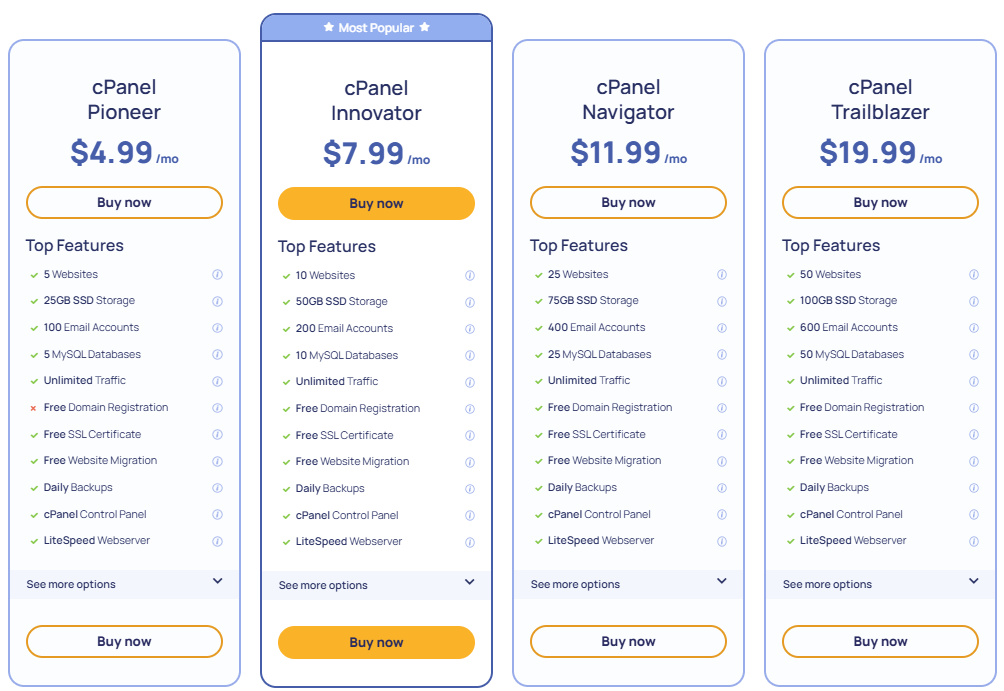 cPanel Pioneer vs Trailblazer Web Hosting Plan