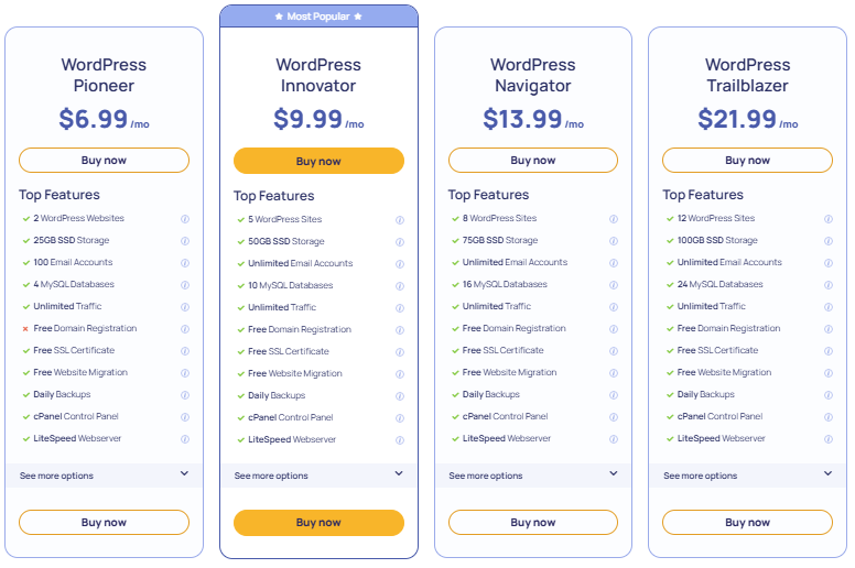 WordPress Pioneer vs Trailblazer Hosting Plan