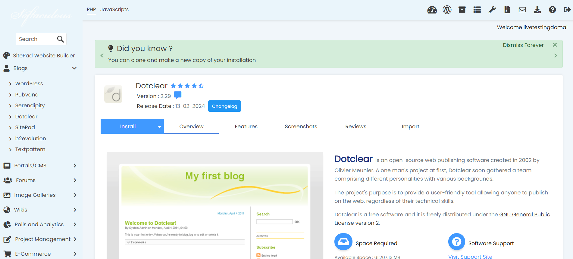 Install Dotclear From Softaculous - Dotclear Install