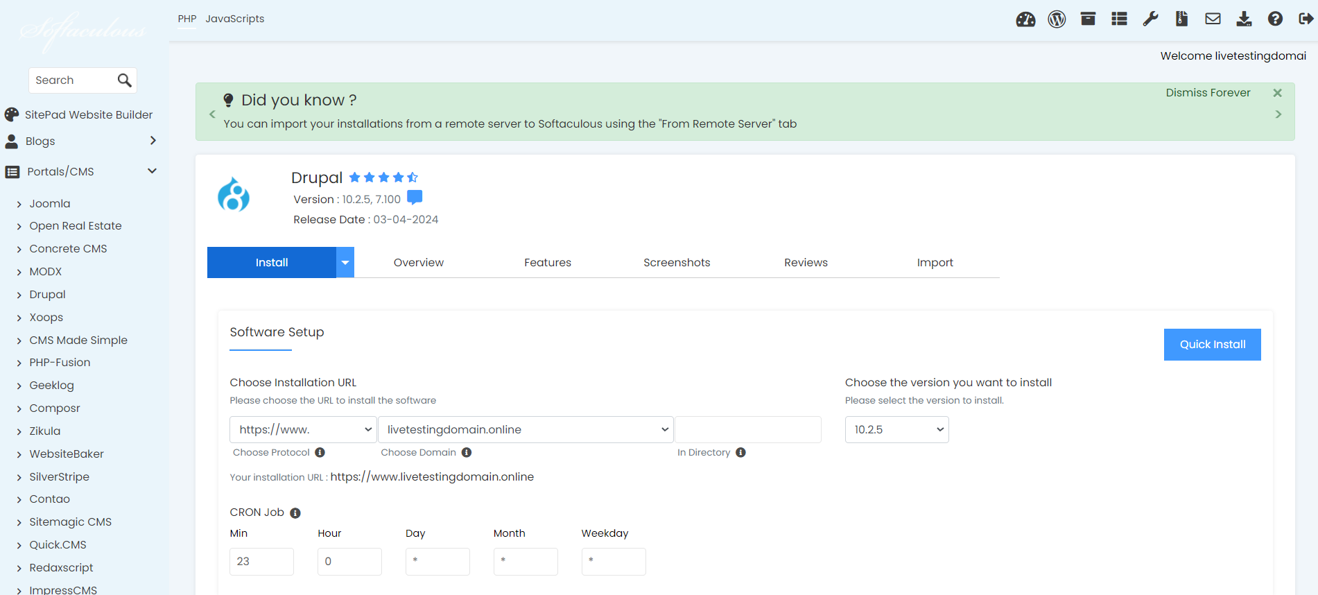 Install Drupal From Softaculous - Drupal Quick Install