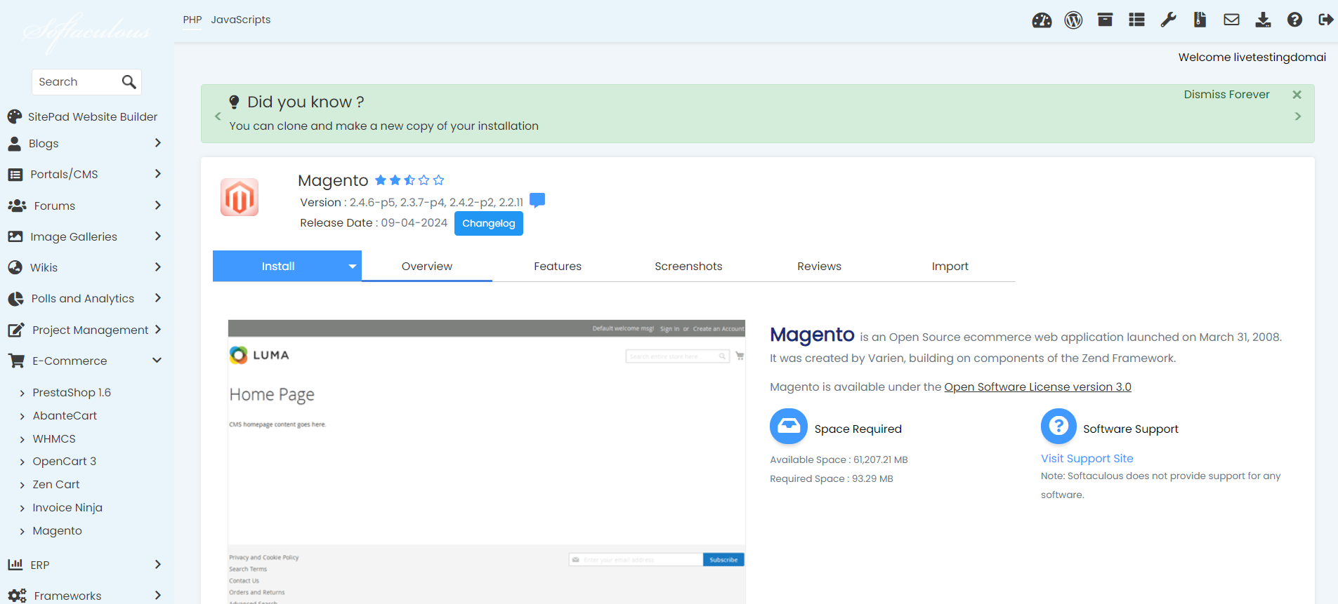 Install Magento From Softaculous - Magento Install