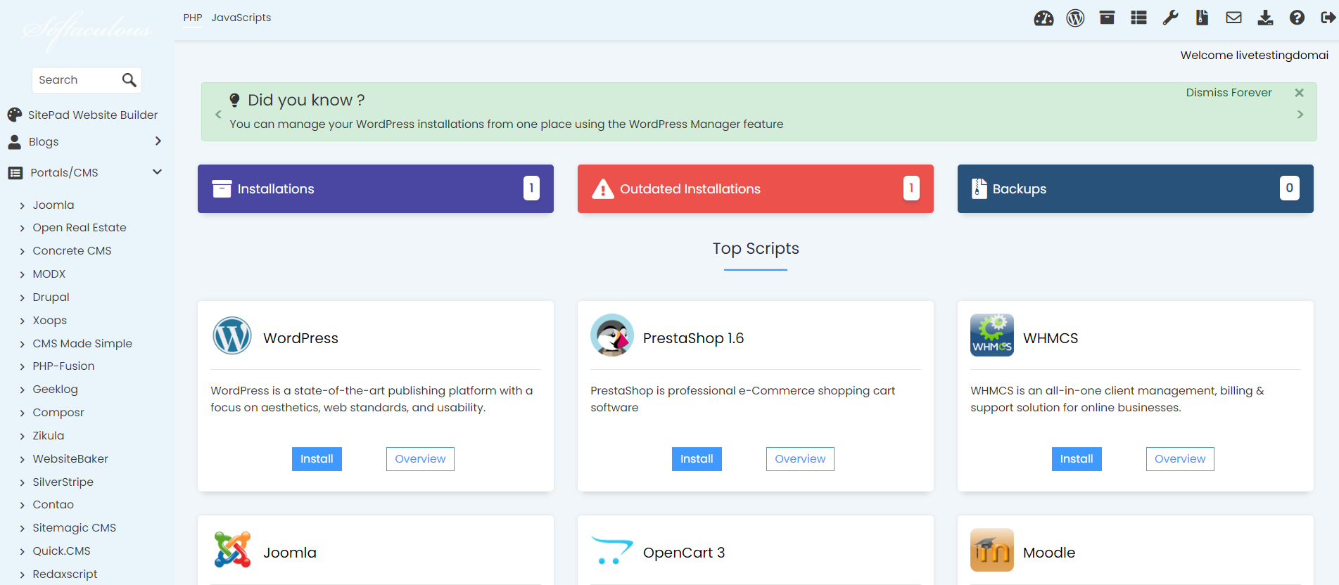 Install MODx From Softaculous - Softaculous Dashboard