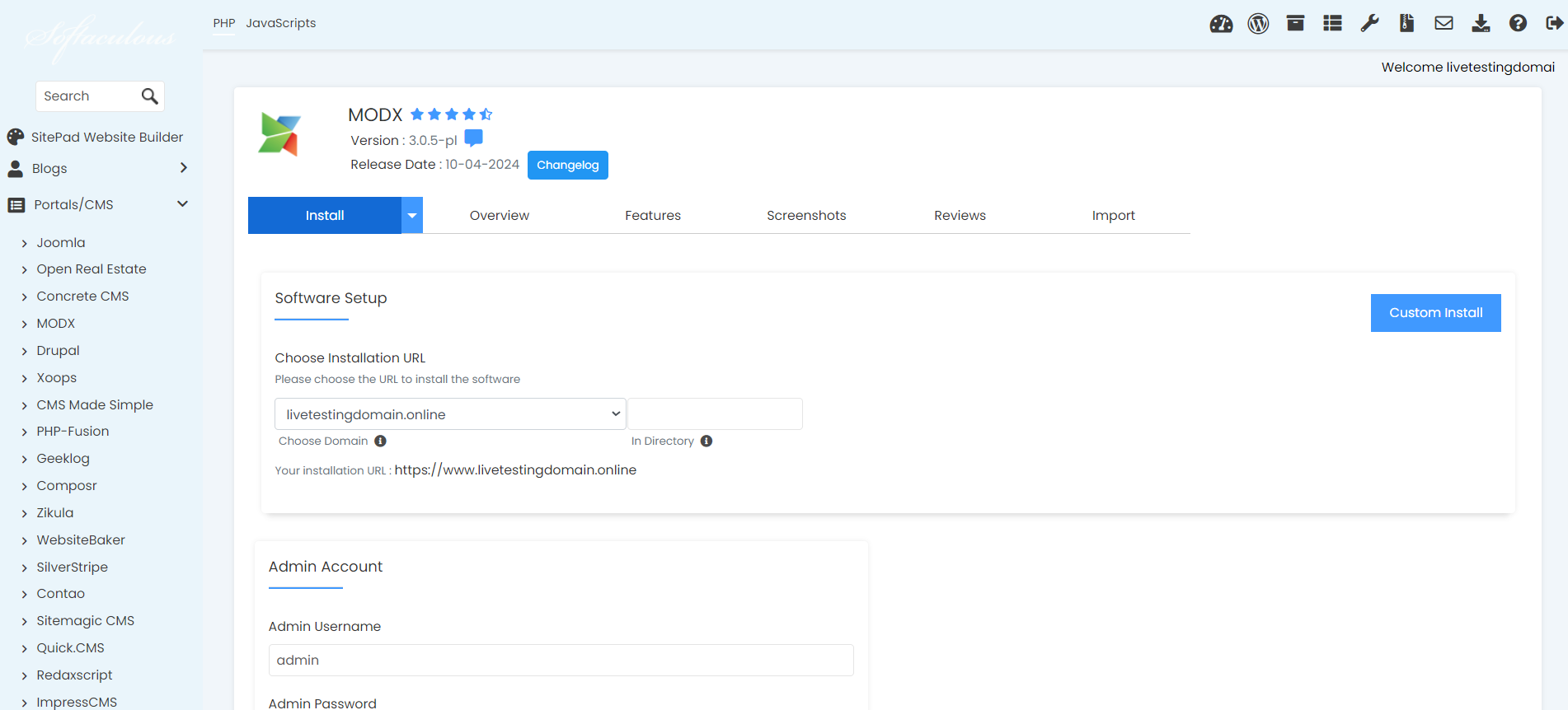 Install MODx From Softaculous - MODx Custom Install