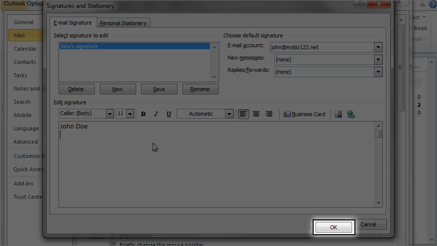 Email Signature in Outlook 2010 - Add Name