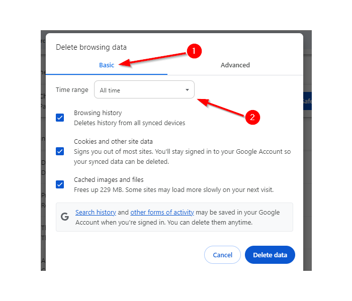 ERR_CACHE_MISS - Select Time Range to Delete Browsing Data in Chrome