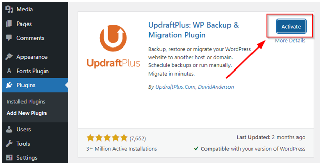 How to Backup Your WordPress Site - Activate UpdraftPlus Plugin