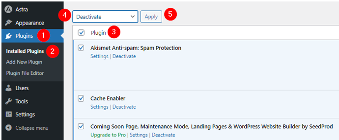 Fix the WordPress 500 Internal Server Error - Deactivate All WordPress Plugins