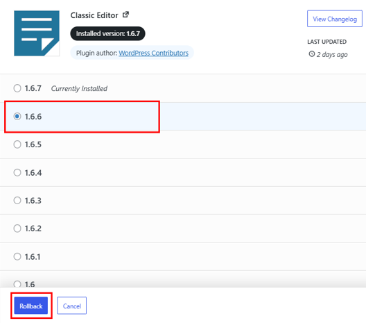 Update WordPress Plugins - Rollback to Previous Version of Your Plugin