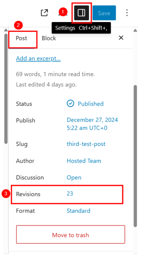 WordPress Revisions - Open Revisions Panel
