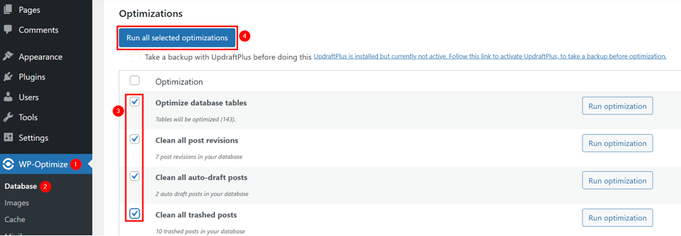 WordPress Revisions - Run All Chosen Optimizations Using Wp-Optimize Plugin