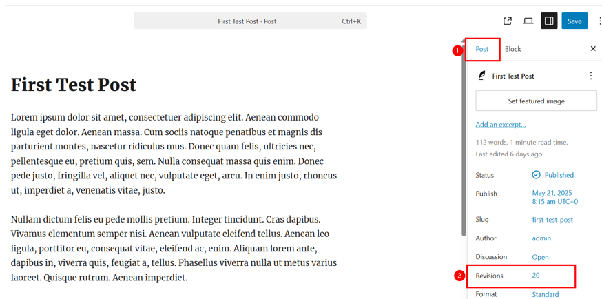 Undo Changes In WordPress - Open Revisions Screen Using Gutenberg Editor
