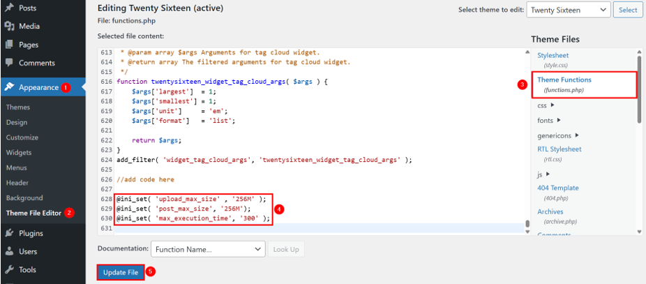 Fix 413 Request Entity Too Large Error In WordPress - Edit functions.php File to Increase Limits
