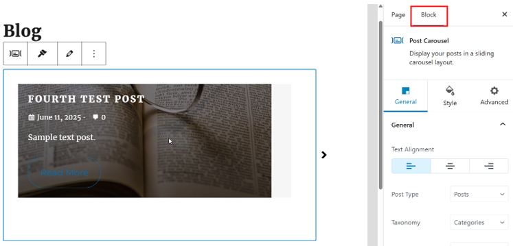 Add A WordPress Blog Page For Posts - Customize Post Carousel Block