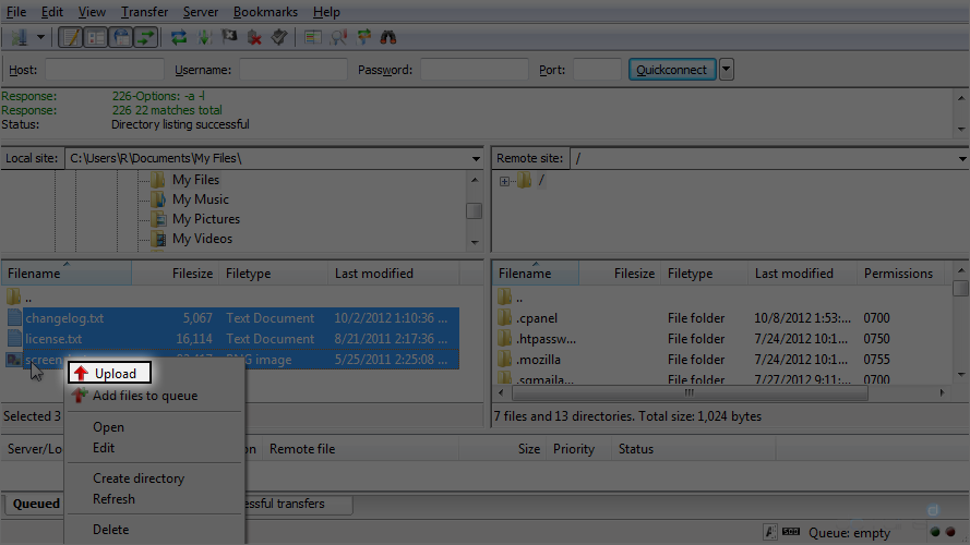 Upload Files Using FileZilla - Upload