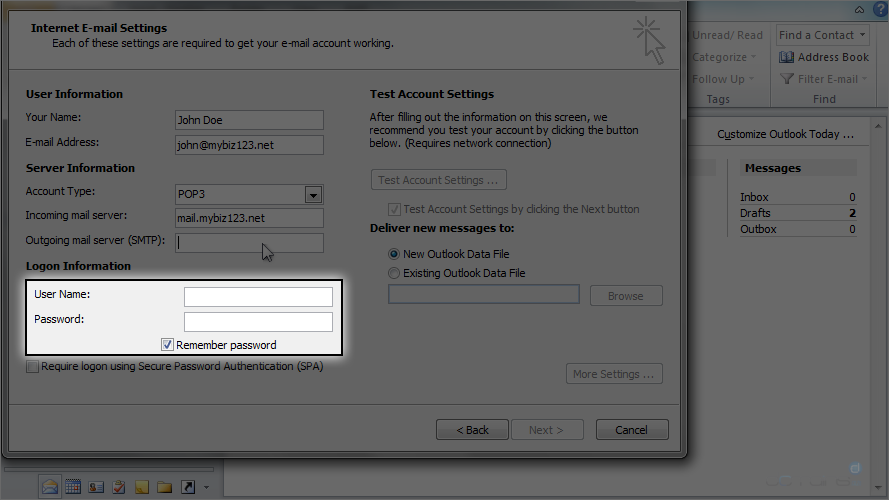 Outlook 2010 - Username & Password